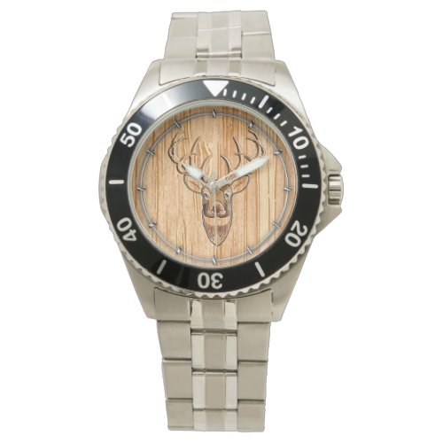 Buck Deer Head Wood Grain Style Watch