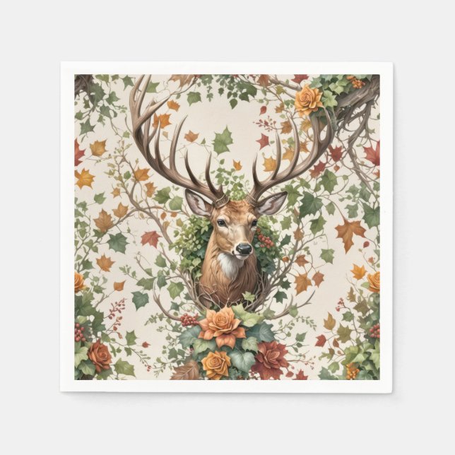 Buck Deer In Autumn Flowers Napkins (Front)