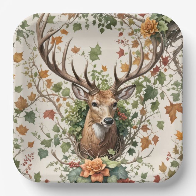 Buck Deer In Autumn Flowers Paper Plates (Front)