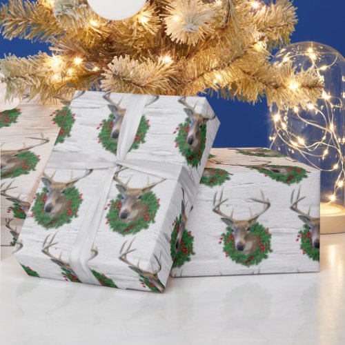 Buck Deer In Christmas Wreath On Birch Wrapping Paper