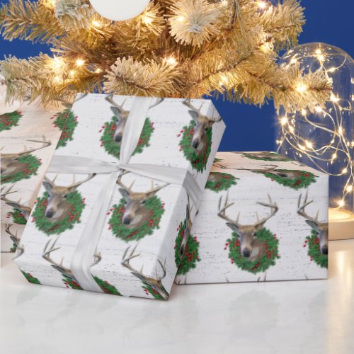 Buck Deer In Christmas Wreath On Wood Wrapping Paper