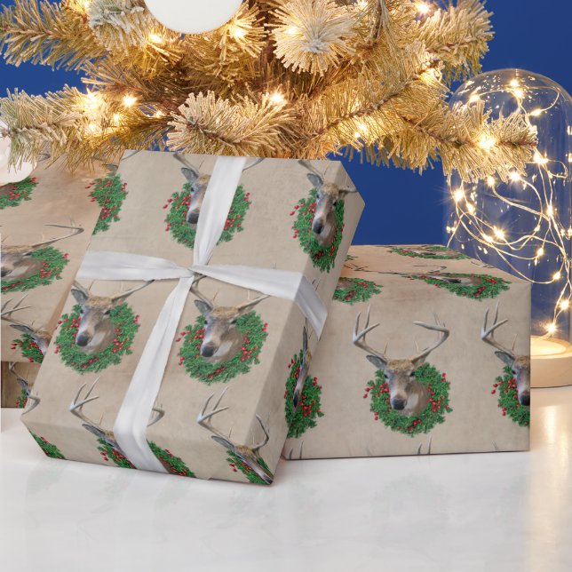 Buck Deer In Christmas Wreath  Wrapping Paper (Holidays)