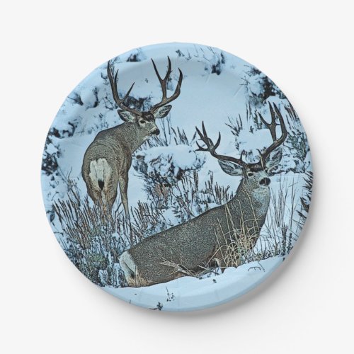 Buck deer in snow paper plates