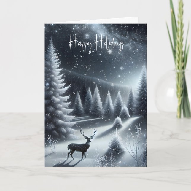 Buck Deer In Winter Forest Holiday Card (Front)