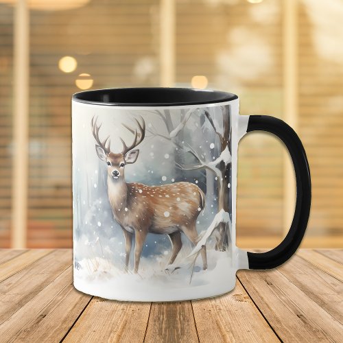 Buck Deer in Winter Forest Snow Mug