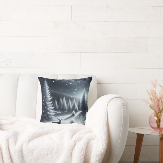 Buck Deer In Winter Forest Throw Pillow (Couch)