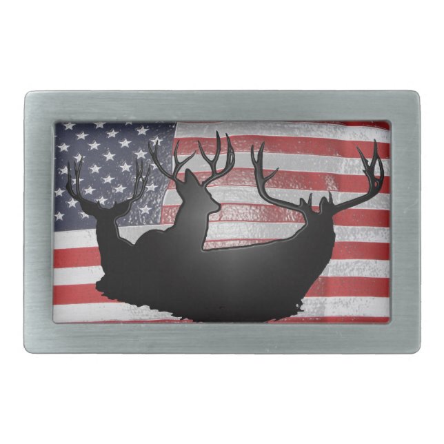 Buck deer on American flag Belt Buckle (Front)