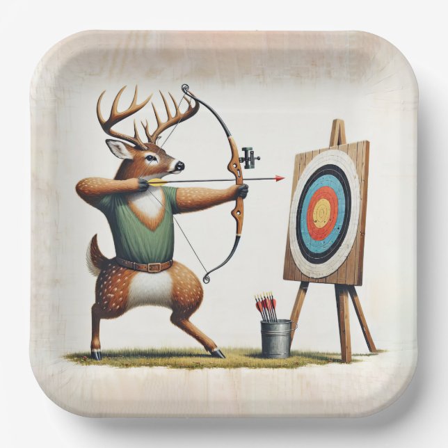 Buck Deer Shooting a Bow and Arrow Paper Plates (Front)
