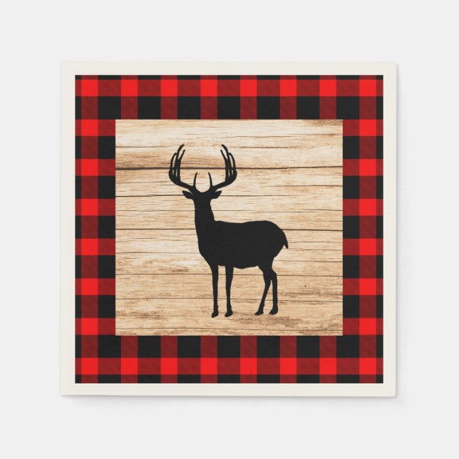 Buck Deer Silhouette Buffalo Plaid Wood Napkins (Front)