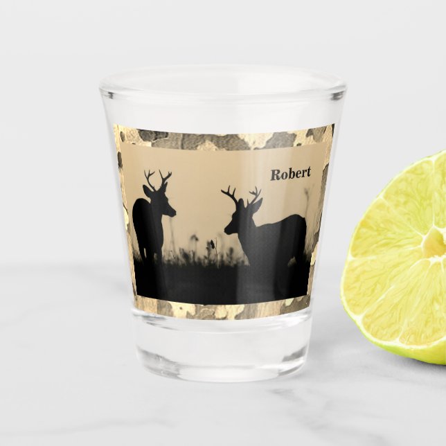 Buck Deer Silhouette Camo Trim Personalized Shot Glass (Front)