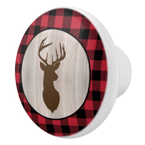 Buck Deer Silhouette Lumberjack Buffalo Plaid  Ceramic Knob