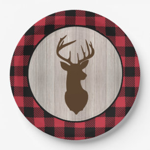 Buck Deer Silhouette Lumberjack Buffalo Plaid Paper Plates