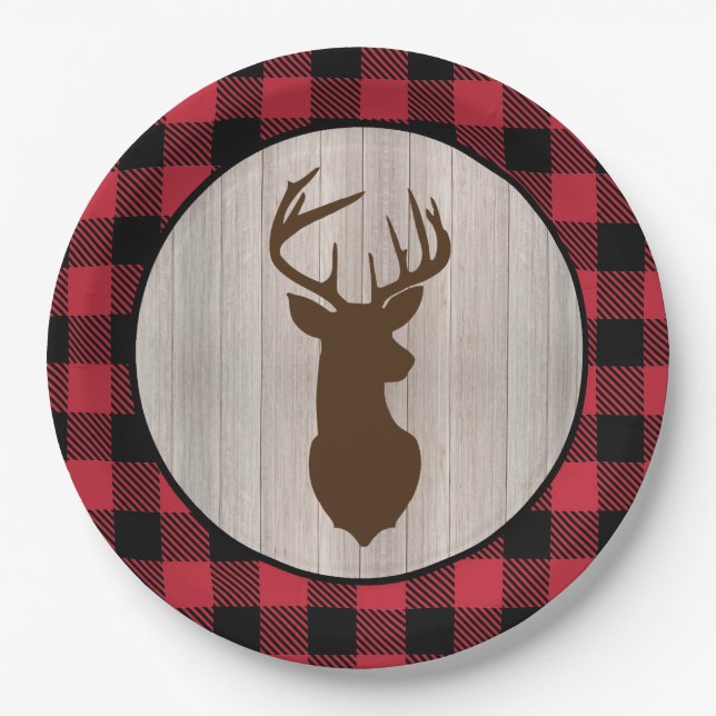 Buck Deer Silhouette Lumberjack Buffalo Plaid Paper Plates (Front)