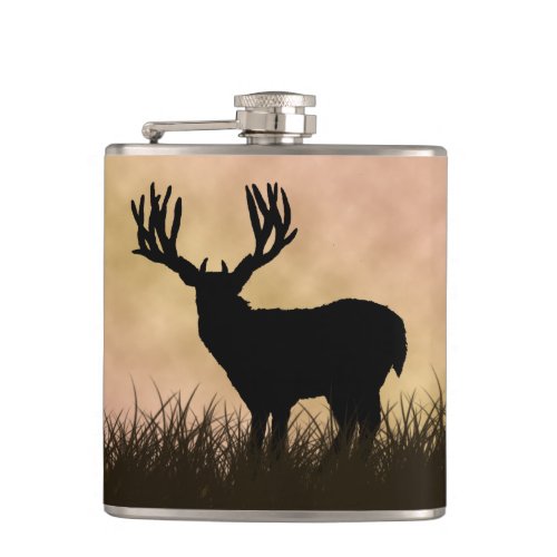 Buck Deer Silhouette Sunset Sky Flask