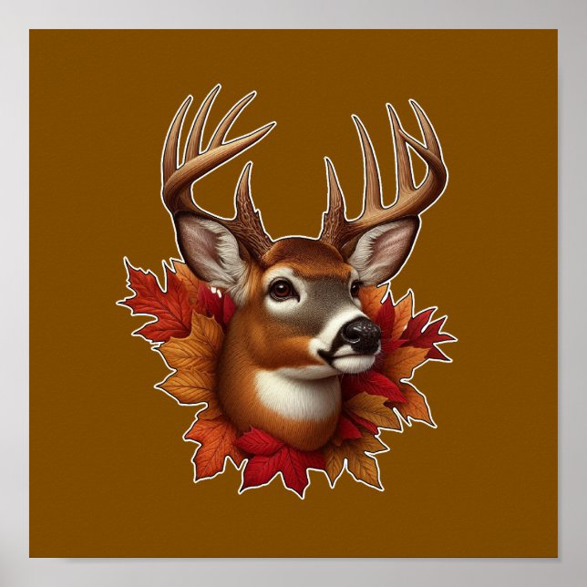 Buck Deer Surrounded by Autumn Leaves Poster (Front)