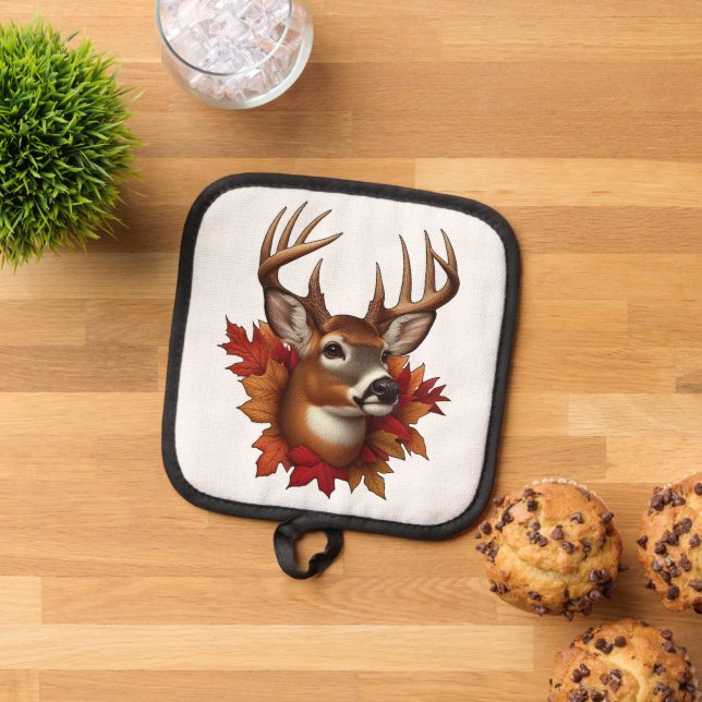Buck Deer Surrounded by Autumn Leaves Pot Holder (Top Down)
