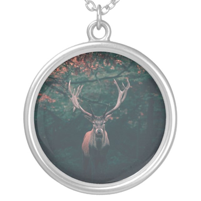 Buck Deer Wild Animal Silver Plated Necklace (Front)