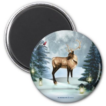 Buck Deer Winter Scene Round Magnet Decor by xgdesignsnyc at Zazzle