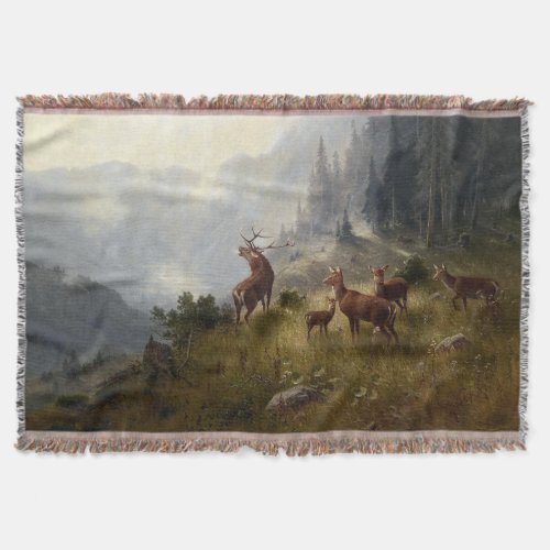 Buck  Doe Deer Herd In Forest Landscape Throw Blanket