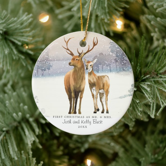 Buck & Doe First Christmas Mr & Mrs Personalized Ceramic Ornament (Tree)