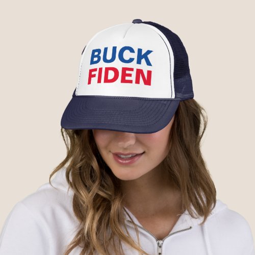 Buck Fiden text printed on Navy Blue Trucker Hat