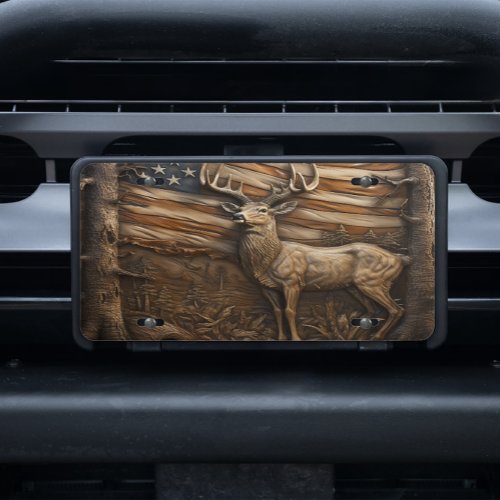 Buck Hunter Manly Hunting Deer Flag Wood Look License Plate