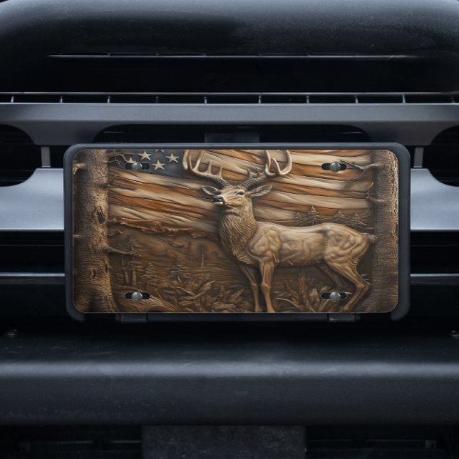 Buck Hunter Manly Hunting Deer Flag Wood Look License Plate (Creator Uploaded)