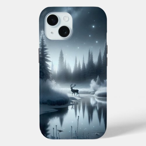 Buck In A Winter River at Night iPhone 15 Case