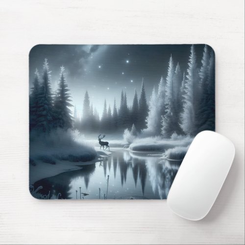 Buck In A Winter River at Night Mouse Pad