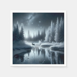 Buck In A Winter River at Night Napkins