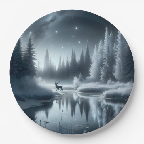 Buck In A Winter River at Night Paper Plates