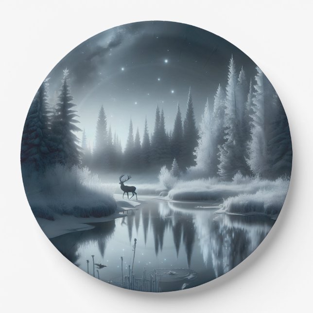 Buck In A Winter River at Night Paper Plates (Front)