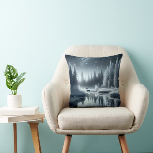 Buck In A Winter River at Night Throw Pillow