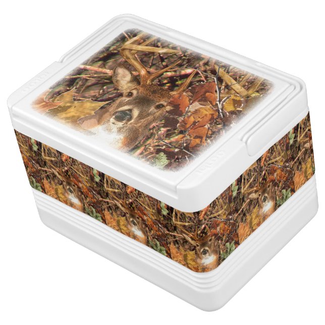 Buck in Camouflage White Tail Deer Drink Cooler (Angled)