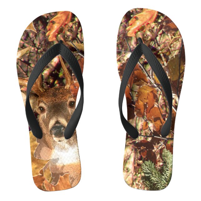 Buck in Fall Hunter Camo White Tail Deer Flip Flops (Footbed)