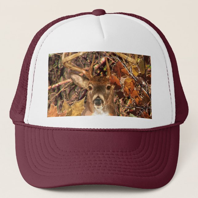 Buck in Fall Hunter Camo White Tail Deer Trucker Hat (Front)