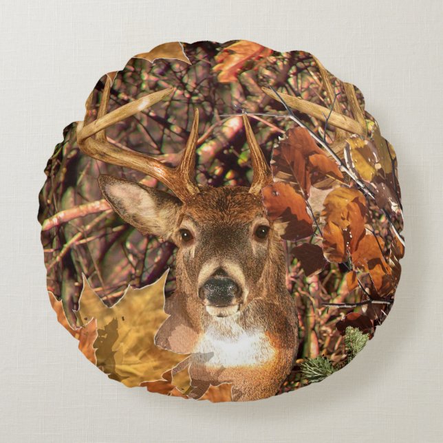 Buck in Fall season scene White Tail Deer Round Pillow (Front)