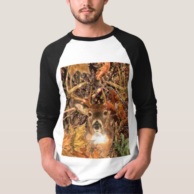 Buck in Fall season scene White Tail Deer T-Shirt (Front)