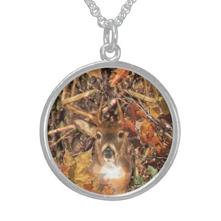 Buck In Hunter Camo White Tail Deer Sterling Silver Necklace