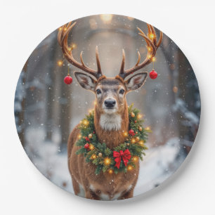 Buck In Snowflakes Wearing a Holiday Wreath Paper Plates