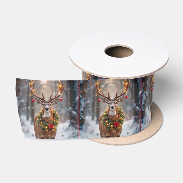 Buck In Snowflakes Wearing a Holiday Wreath Satin Ribbon (Spool)