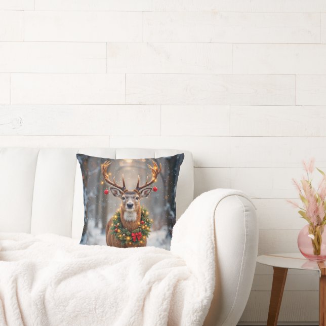Buck In Snowflakes Wearing a Holiday Wreath Throw Pillow (Couch)