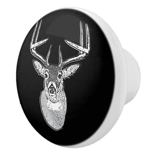 Buck on Black  White Tail Deer Ceramic Knob