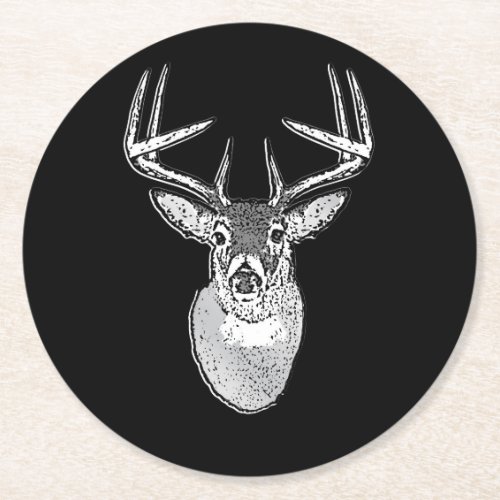 Buck on Black White Tail Deer head Round Paper Coaster