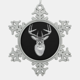 Buck on Black White Tail Deer head Snowflake Pewter Christmas Ornament