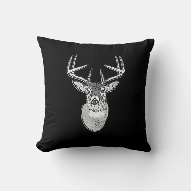 Buck on Black White Tail Deer head Throw Pillow (Front)