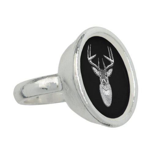 Buck on Bold Black White Tail Deer Ring