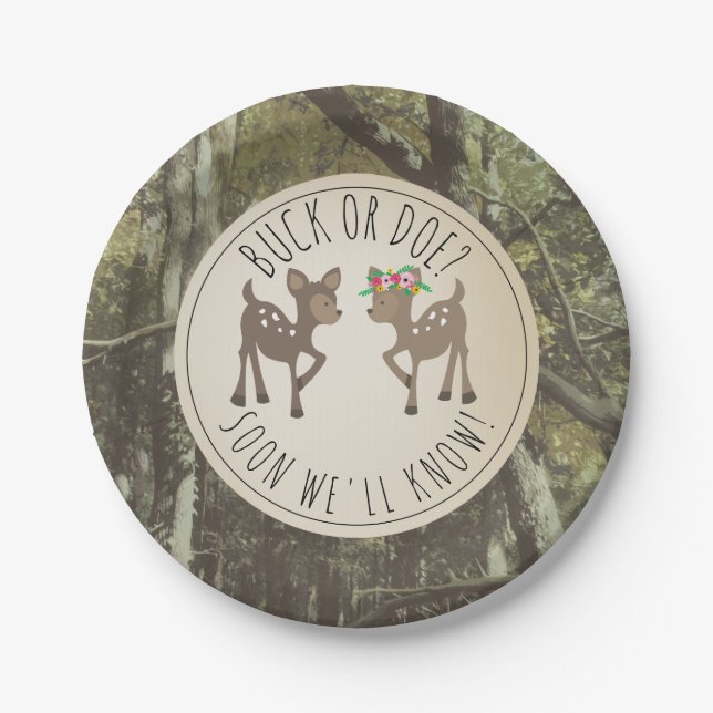 Buck Or Doe Camo Baby Gender Reveal Paper Plates (Front)