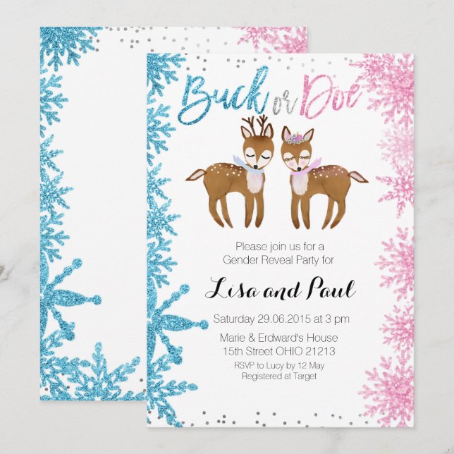 Buck or Doe Gender Reveal Invitation Winter (Front/Back)