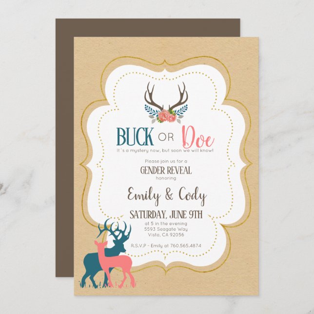 Buck or Doe Gender Reveal Party Baby Shower Invita Invitation (Front/Back)